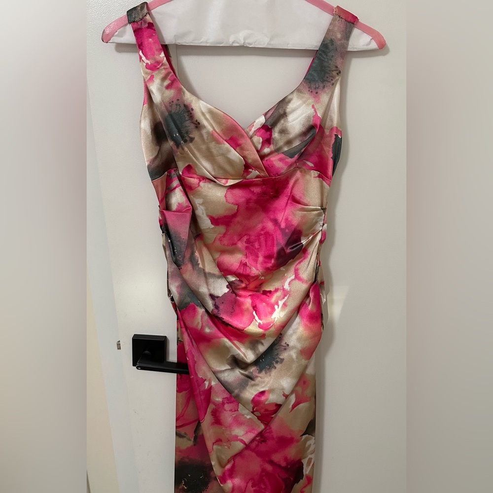 Satin Floral Pink & Cream V-Neck Women’s Dress